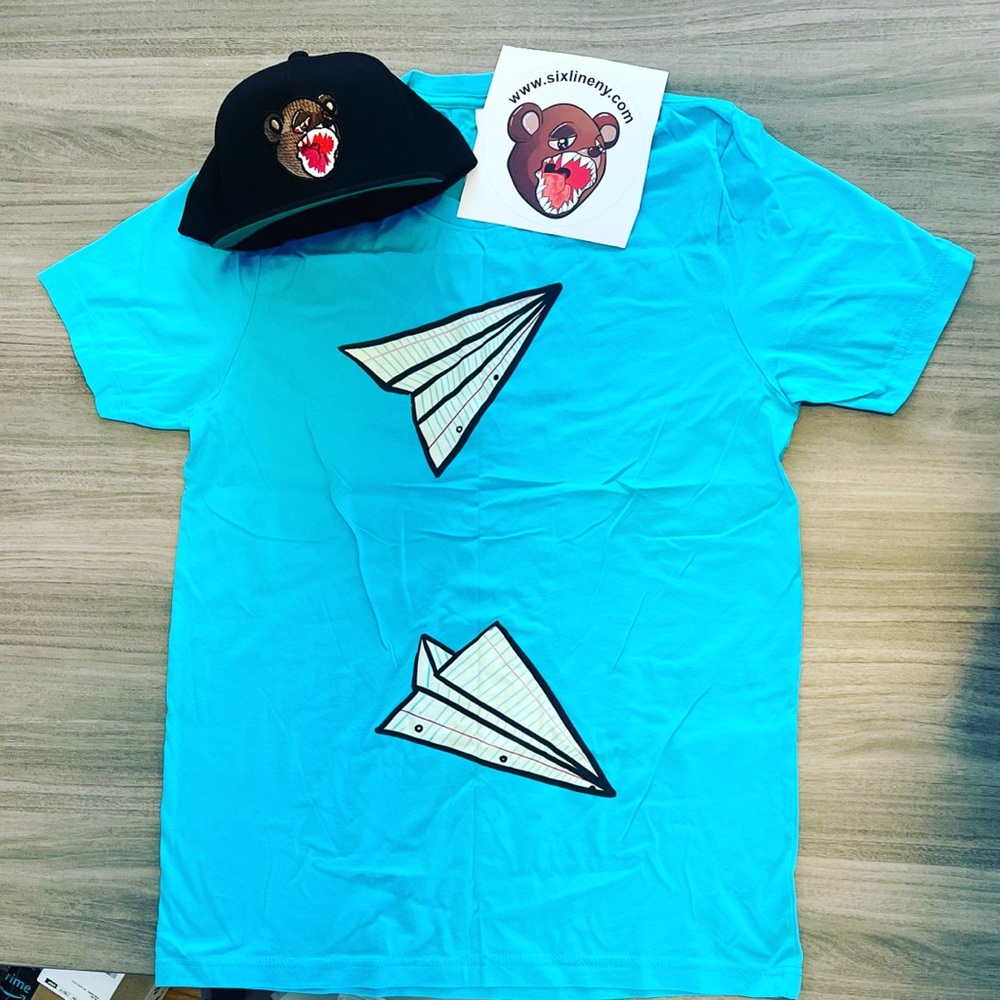 Blue Short Sleeve Tee with Playful Paper Airplanes